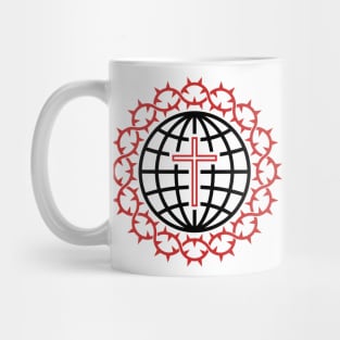 Cross and globe of the world framed by a crown of thorns. Mug